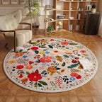 Round Rug 4ft Washable Circle Rug Non Slip Low Pile Boho Floral Small Circular Rug for Bedroom, Bathroom, Entryway, Kids Room, Office, College Dorm(Beige)