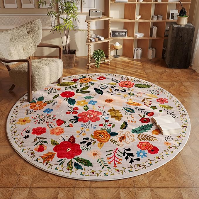 Round Rug 4ft Washable Circle Rug Non Slip Low Pile Boho Floral Small Circular Rug for Bedroom, Bathroom, Entryway, Kids Room, Office, College Dorm(Beige)