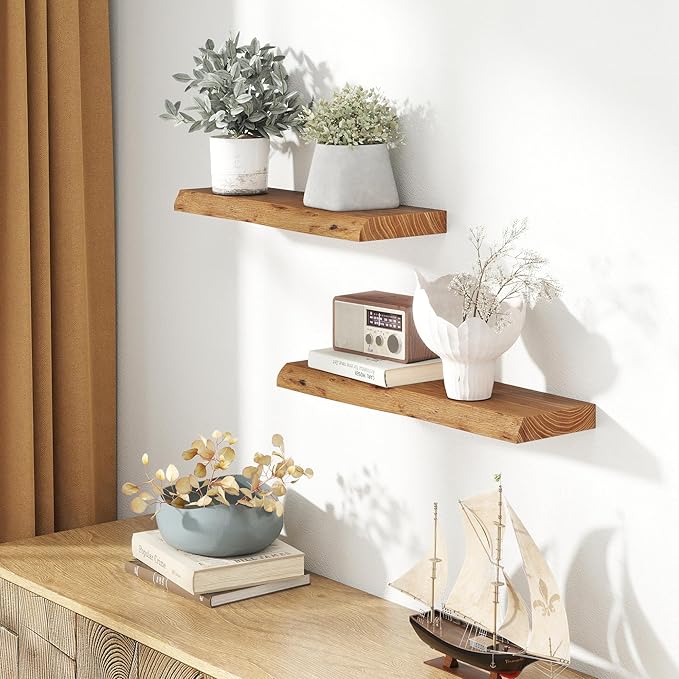 24" Floating Shelves, Live Edge Solid Elm Wood Floating Shelf, Wall Mounted Display Shelves with Heavy-Duty Bracket for Books, Rustic Wooden Shelf for Kitchen, Bathroom, Natural Color, Set of 2