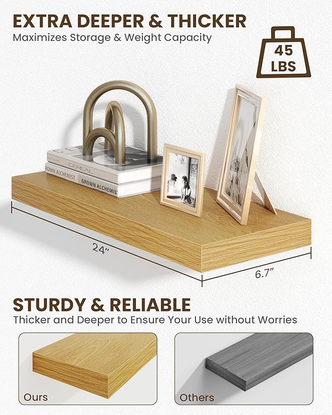 Marsmiles 24" Floating Shelves for Wall, Wooden Shelves with Invisible Brackets Set of 2, Rustic Farmhouse Wall Mounted Shelf for Kitchen Bathroom Living Room Study, Natural Oak