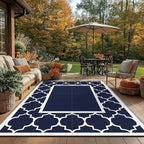 GENIMO 9' x 12' Outdoor Rug Waterproof for Patio Decor, Foldable Reversible Plastic Straw Area Rugs Mat for Camper, Outside Carpet for Rv, Deck, Porch, Picnic, Beach, Balcony, Blue & White