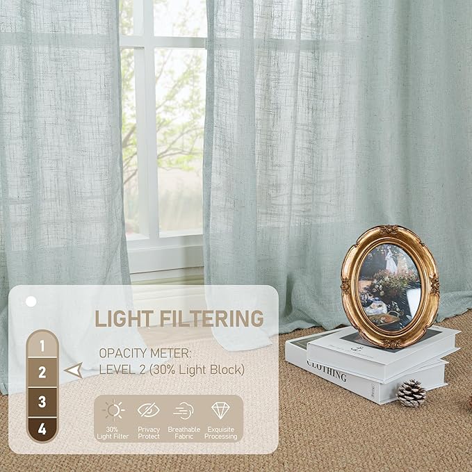 LAMIT Living Room Linen Curtains 95 Inch for Bedroom, Bronze Grommet Linen Textured Sheer Curtains Light Filtering Burlap Drapes for Farmhouse, 2 Panels, 52 x 95 Inch, Greyish Blue