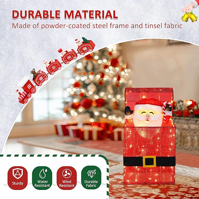 Light Up Electric Santa Claus Decor with 100 LED Lights, 3D Pre-Lit Animated Santa Claus for Xmas Decoration, 14.17" L x 10" W x 26.97" H Freestanding Glittered Display for Outdoor, Indoor