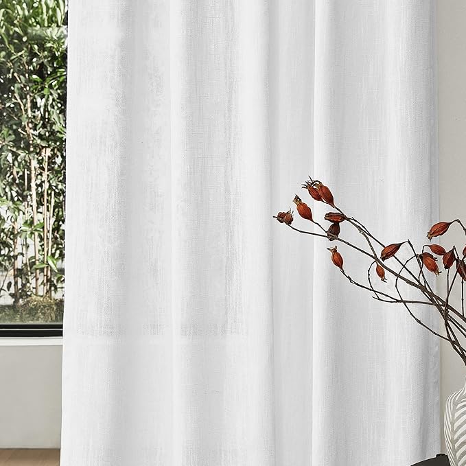 MYSKY HOME Patio White Curtains for Sliding Door, Living Room Curtains & Drapes Soft Cotton Farmhouse Window Treatments 90 inch Length 2 Panels Set Linen Look Semi Sheer Draperies, 50" W x 90" L