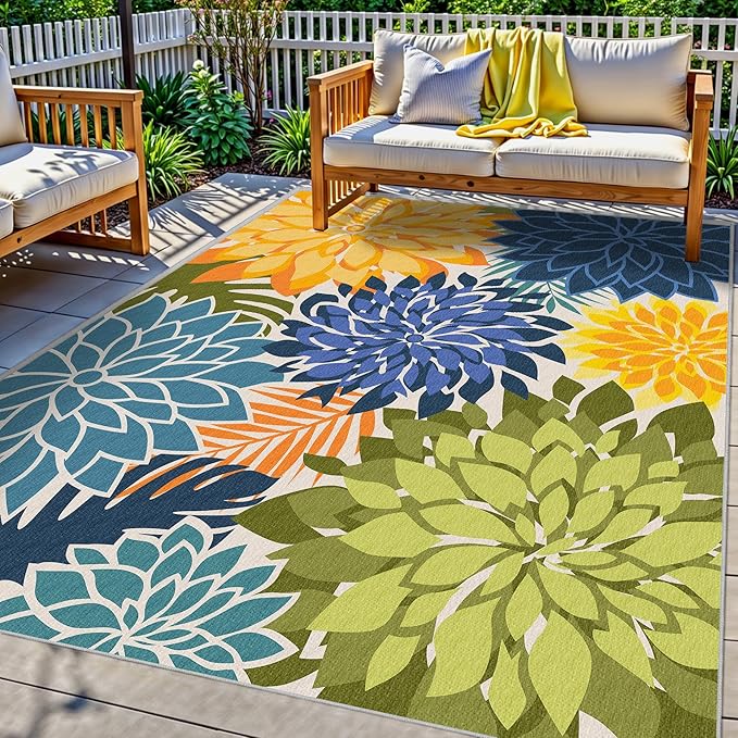 Indoor Outdoor Area Rug Washable Multicolored Patio Rug Tropical Botanical Modern Floral Indoor Outdoor Carpet Non Slip Yellow Green Rug Non Shedding for Patio, Deck, Backyard, Porch (9x12)