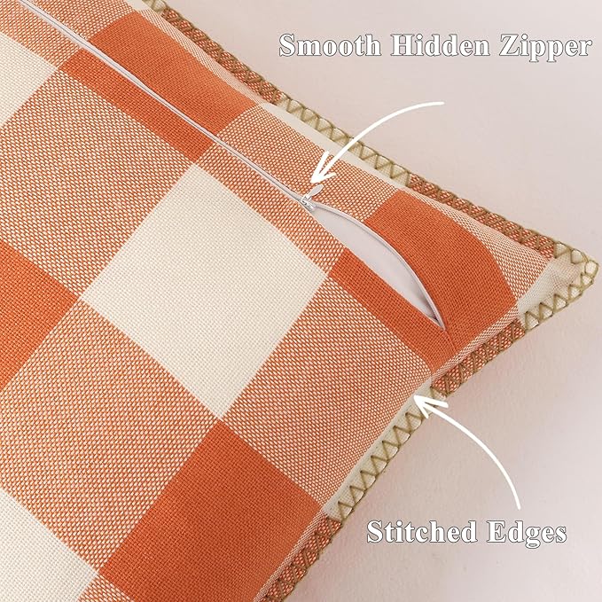 decorUhome Fall Orange and White Decorative Throw Pillow Covers 22x22 Set of 2, Buffalo Plaid Check Farmhouse Cushion Covers with Stitched Edge for Autumn Harvest Couch Sofa Bed Home Decor
