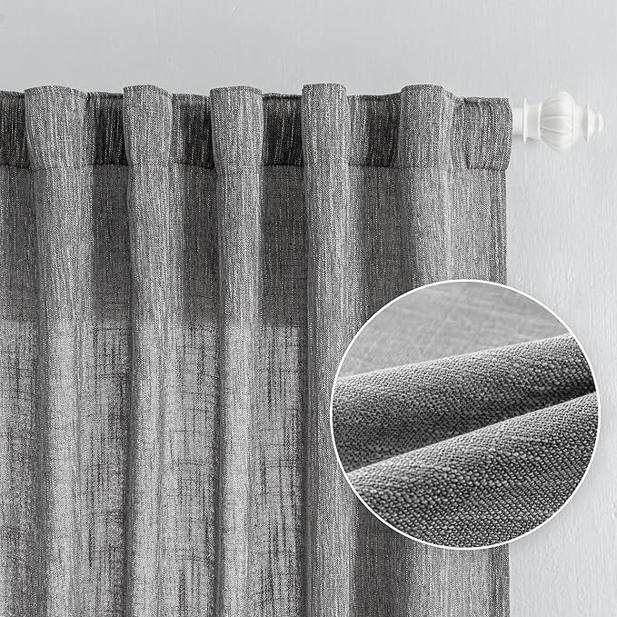 MYSKY HOME Living Room Curtains 2 Panels Boho Semi Sheers Long Drapes Light Filtering for Bedroom Windows, Linen Look Texture Soft Cotton Blend Fabric, 50" Wide x 90" Long, Dark Grey, 2 Panels