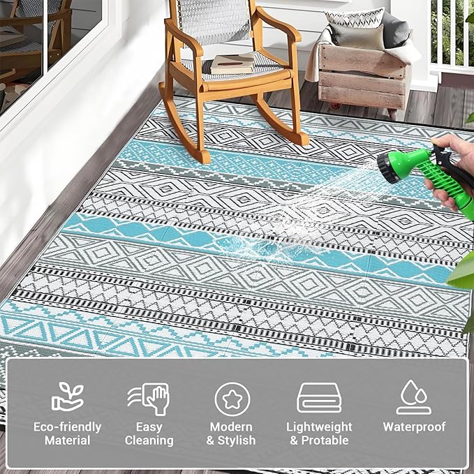 GAOMON Outdoor Rug 9'x12' Waterproof Rug for Patio Decor, Foldable Reversible Plastic Straw Area Rugs Mat for Camper, Outside Carpet for Deck, Porch, Picnic, Beach, Blue/Grey(Bohemia)