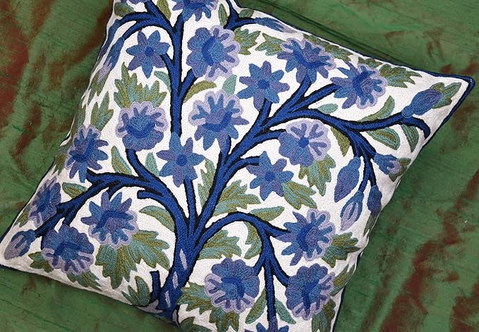 Blue Tree of Life Pillow Cover Indigo Plant Floral Pillowcase Needlepoint Botanical Flower Suzani Cushions Traditional Boho Modern Floral Cushion Wool Size - 18x18