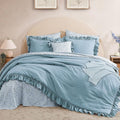 Full Comforter Set - 7 Pieces Ruffle Blue Bedding Sets, Shabby Chic Farmhouse Bed in a Bag Full with Ruffle Comforter, Floral Sheets, Pillowcases & Shams