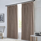 Macochico 120”Wx102”L 100% Blackout Linen Curtains Pinch Pleated Thermal Panels for Sliding Door Bedroom Living Room Farmhouse Shabby Chic Light Brown Burlap Curtains with Tieback 1 Panel