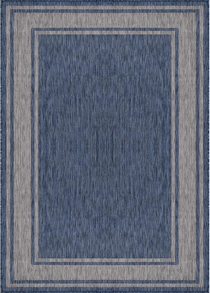 Beverly Rug Large Outdoor Rug 9x12 Modern Bordered Area Rugs for Indoor and Outdoor Patio Deck Porch Garden Waterproof Weather Sun Resistant Washable Outside Carpet (9 x 12 Navy)