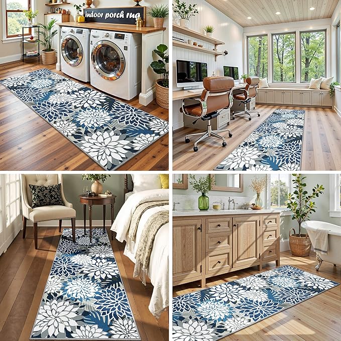 Area Rug 2x6 Blue White Washable Entry Rug Multicolored Tropical Botanical Modern Floral Indoor Kitchen Door Mat Entrance Carpet Non Slip for Bedroom Living Room, Porch