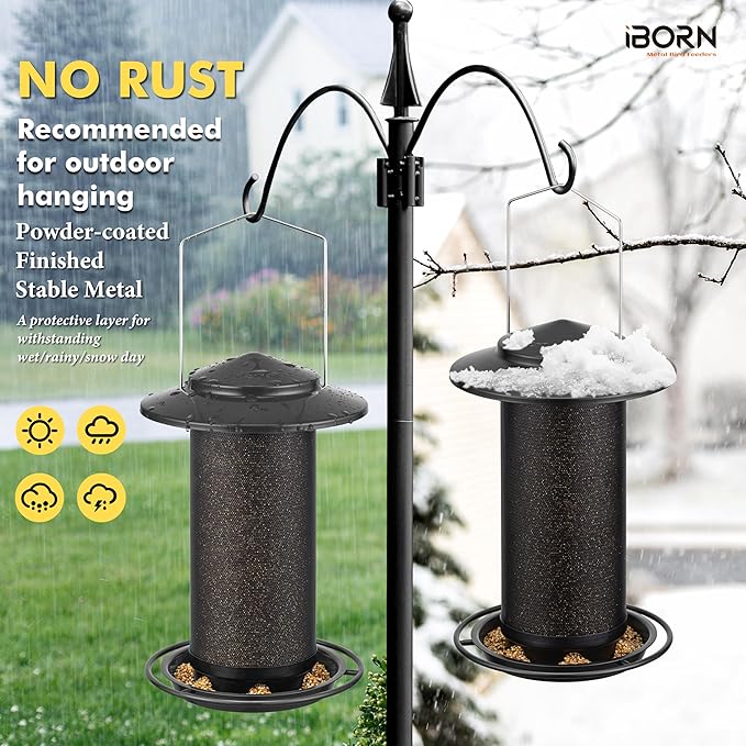 iBorn Bird Feeders for Outdoors, All Metal Mesh Tube, Holding Bird Seed for Outside Feeders,18cm Large Roof, Black, 2.8lb(Seed is not Included)