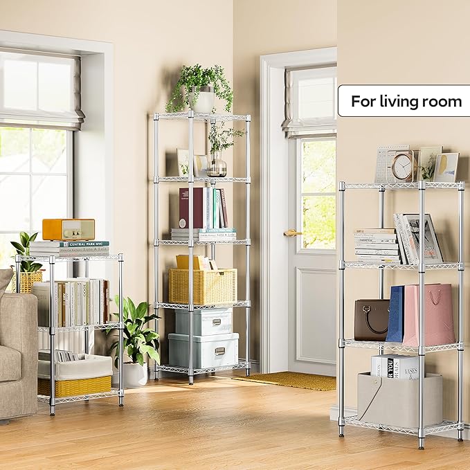 5 Tiers Shelf Metal Storage Shelves Wire Rack Closet Organizers with Wheel for Garage Kitchen Bathroom Laundry Chrome 11.8" D x 17.7" W x 55" H