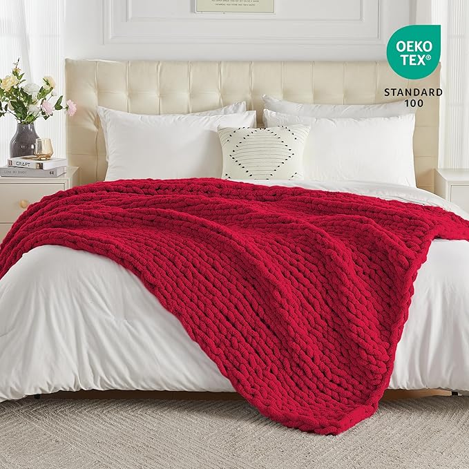 Carriediosa Chunky Knit Throw Blanket 50" X 60", 100% Hand Made Large Chenille Loop Yarn Soft Fluffy Throws for Couch Sofa Bed, Big Crochet Cozy Heavy Thick Cable Woven Blankets, Red