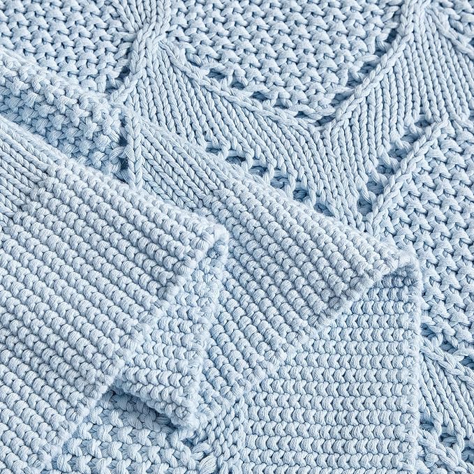 Longhui bedding Chunky Cotton Knit Throw Blanket for Couch, Sofa, Bed, or Chair, Decorative Breathable Fall Cable Knit Blanket 60 x 80 Inches, Light Blue