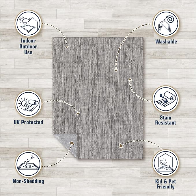 Washable Indoor Outdoor Rug 8x10 Weather Resistant Area Rugs Modern Solid for Porch Deck Balcony Backyard Patio Outside Carpet (8 X 10 Silver Grey)