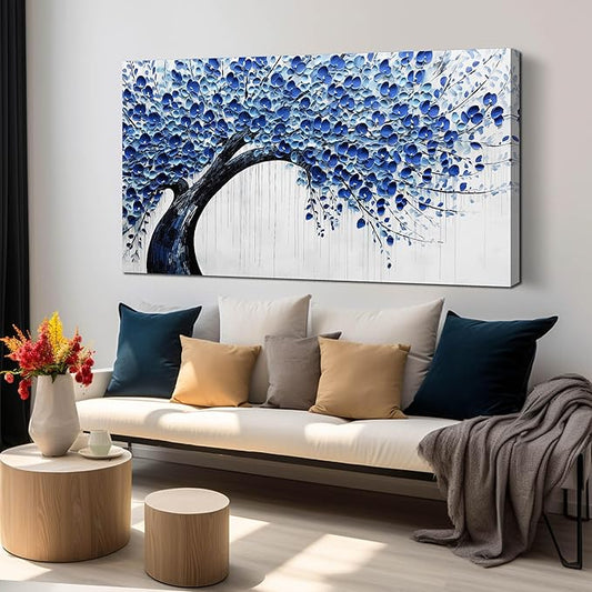 Large Wall Art for Living Room Bedroom Home Office Blue Tree of Life Wall Art Floral Picture Framed Wall Decor Modern Canvas Prints 29x59 In