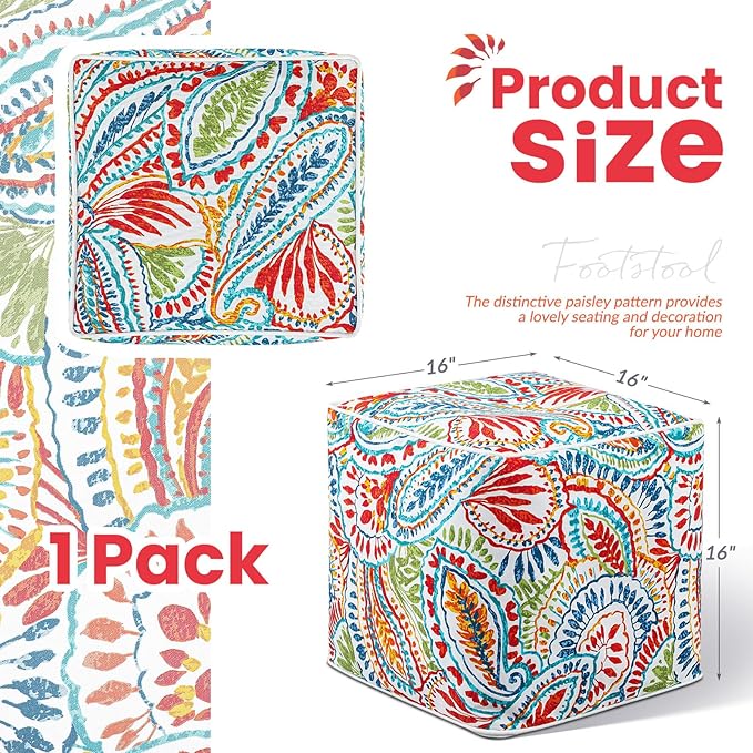 Juexica 1 Pack Ottoman Poufs Indoor Outdoor Inflatable Ottoman Stool Cube Pouffe Square Footstool with Handle for Patio Garden Home Boho Decorative Living Room, Bedroom (16 x 16 x 16 Inches)