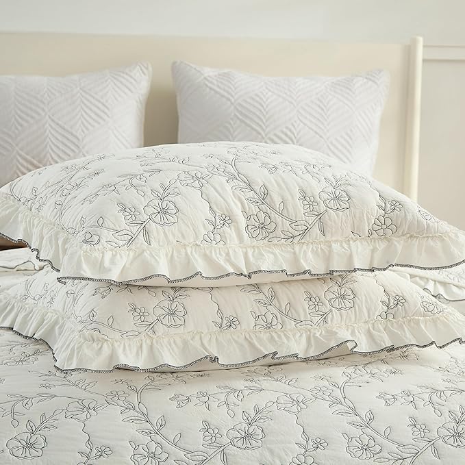 MarCielo 3-Piece 100% Cotton Bedspread Lightweight Quilt Coverlet Embroidery Farmhouse Bedding Set (Floral,Queen (98" X 90"))