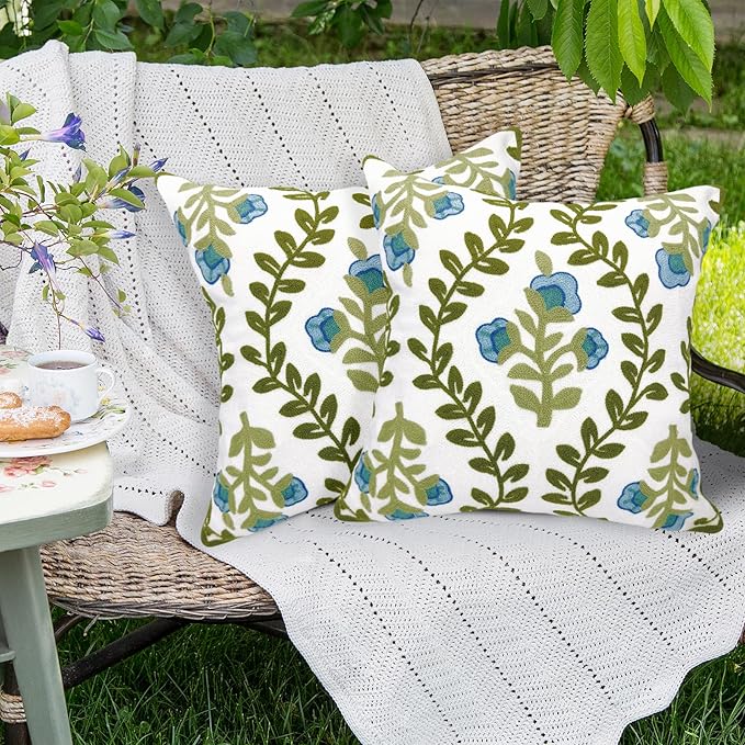 Alysheer Floral Embroidered Summer Decorative Throw Pillow Covers 20"x 20" Set of 2, Farmhouse Cottage Blue Flowers Green Leaves Knit Pattern Cotton Canvas Cushion Case for Couch Bed Living Room