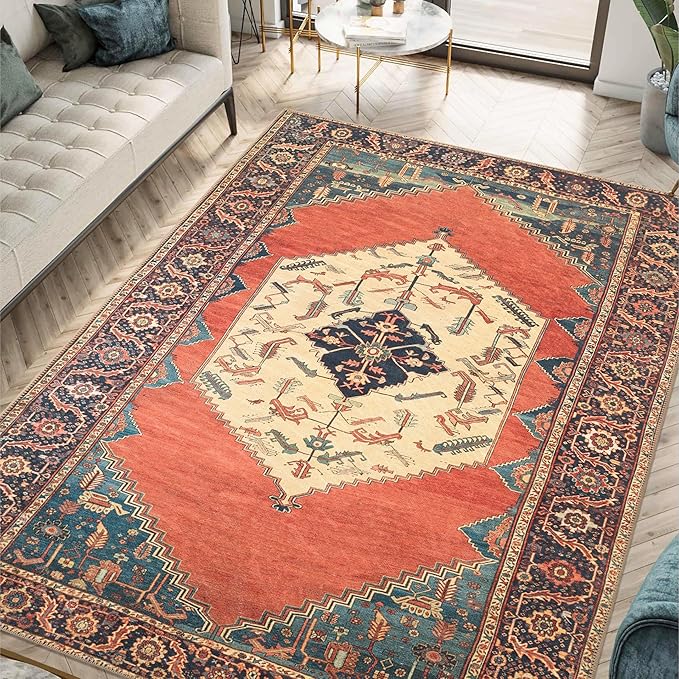 Keen Home Design 6x9 Rug - Machine Washable Area Rug with Non-Slip Backing, Ideal for Living Room, Dining Room, Bedroom - Vintage, Easy Clean, Durable, Low Pile Rug - (6' x 9')