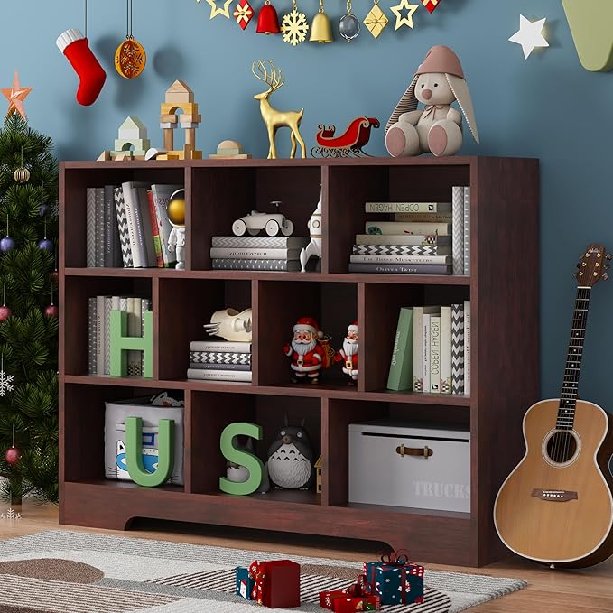 Book Shelf, 10 Cubes Storage Organizer, 3-Tier Open Shelf Wooden Bookcase, Freestanding Cherry Bookshelf Cube Shelf for Living Room