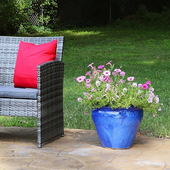 Sunnydaze Chalet Large Ceramic Plant Pot - Round Outdoor Glazed Ceramic Planter Pot with Drainage - Imperial Blue - 14.5"