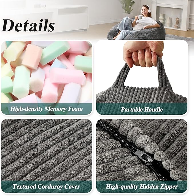 3.5FT Bean Bag Chairs Teardrop Bean Bag Chair for Adults Beanbag Chair with Memory Foam Filled Machine Washable Cover for Living Room, Bedroom (Large,Grey)
