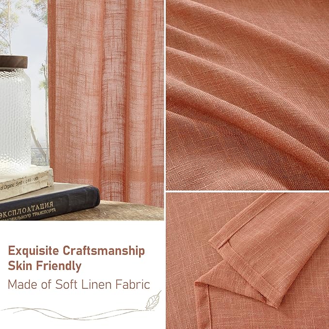 LAMIT Short Linen Window Curtains 30 Inches Long 2 Panels, Terracotta Semi Sheer Light Filtering Panels Bronze Grommet Room Decor Drapes for Basement/Small Windows, 34 x 30 Inch