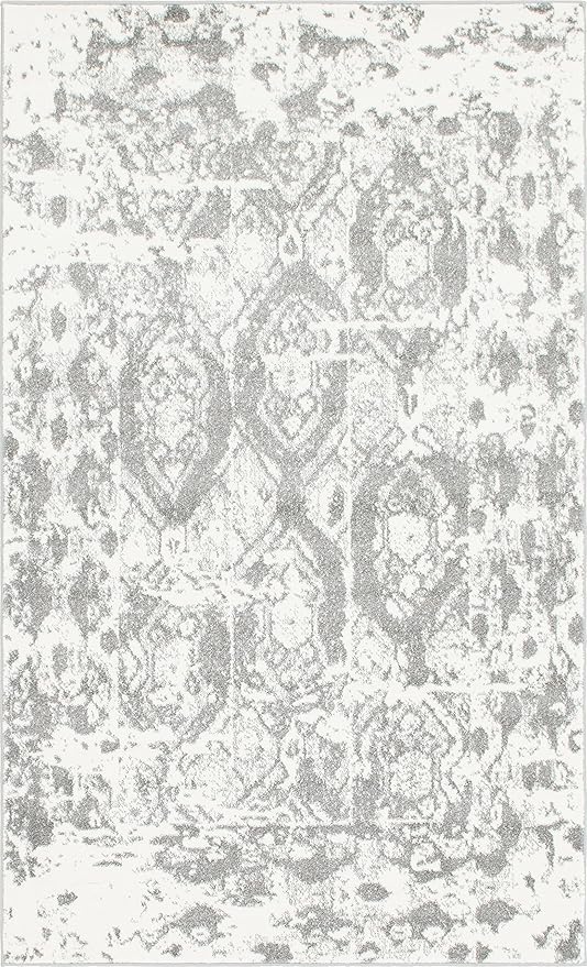 Unique Loom Rosso Collection Vintage, Geometric, Bohemian, Traditional, Distressed, Southwestern Area Rug, Rectangular 5' 0" x 8' 0", Light Gray/Ivory