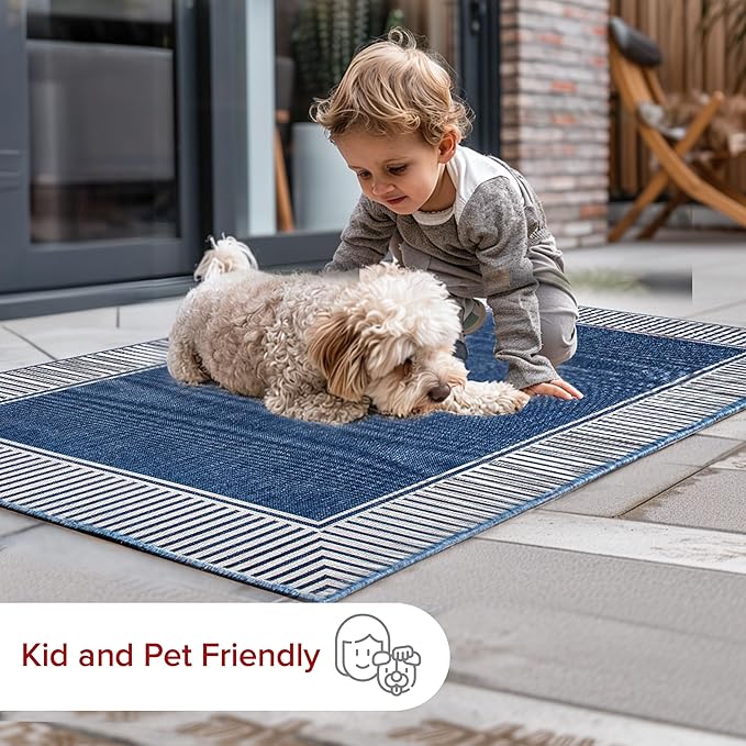 nuLOOM 4' x 6' Outdoor Area Rug, Casual Design With Striped Border, Stain Resistant, Highly Durable, For Patio, Balcony, Bedroom, Living Room, Dining Room, Bathroom, Navy