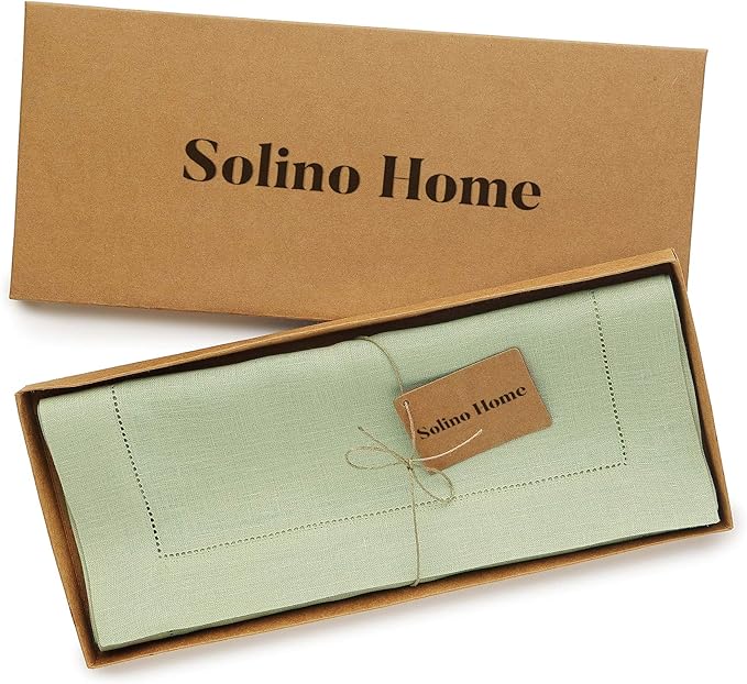 Solino Home Linen Sage Green Table Runner 132 Inches Long - 100% Pure Linen Extra Long Table Runner 14 x 132 Inch for Fall, Autumn, Thanksgiving - Classic Hemstitch