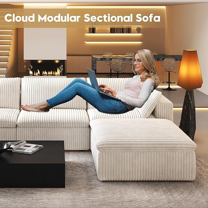 78.74" L Shaped Modern Sofa Modular Sectional Cloud Couch with Ottoman,Upholstered Couches with Plush Corduroy Fabric for Living Room Furniture,Bedroom and Apartment,No Assembly Required,White