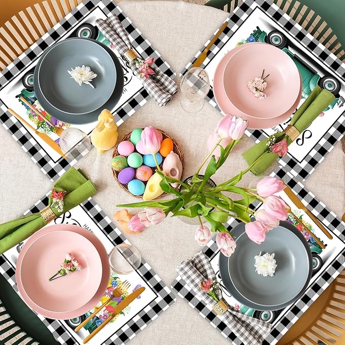 Happy Spring Placemats Set of 6 Easter Plastic Table Mats Spring Placemats Seasonal Place Mats Rustic Vintage Flowers Table Decoration for Indoor Outdoor Party Kitchen Dining