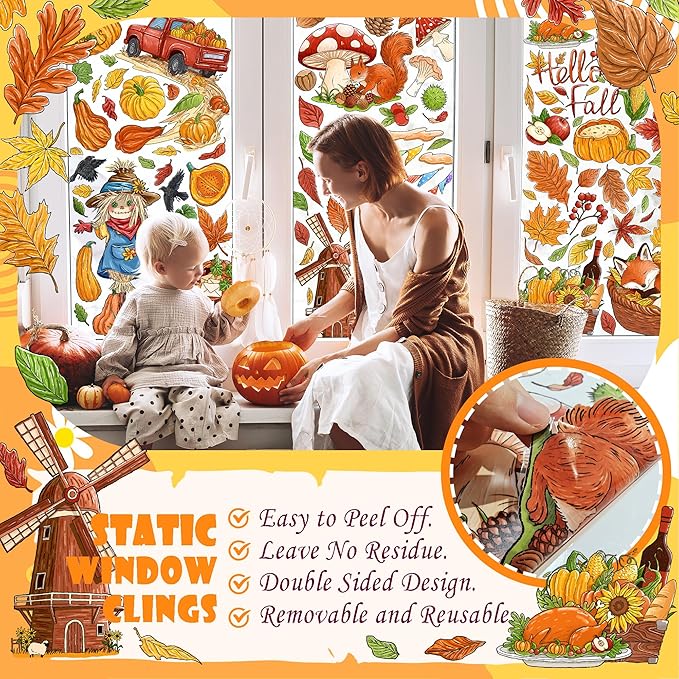 Fall Window Clings Decorations - Leaves Pumpkin Scarecrow Autumn Clings for Glass Windows, Double Sided Reusable Window Stickers, Cute Large Thanksgiving Harvest Window Decals-184 PCS/9 Sheet