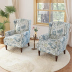 Lumibee Wingback Accent Chair, 2 Set High Back Floral Armchairs in Fabric,Comfy Upholstered Reading Single Sofa Chairs with Solid Wood Legs for Living Room,Bedroom,Office-Plants Blue