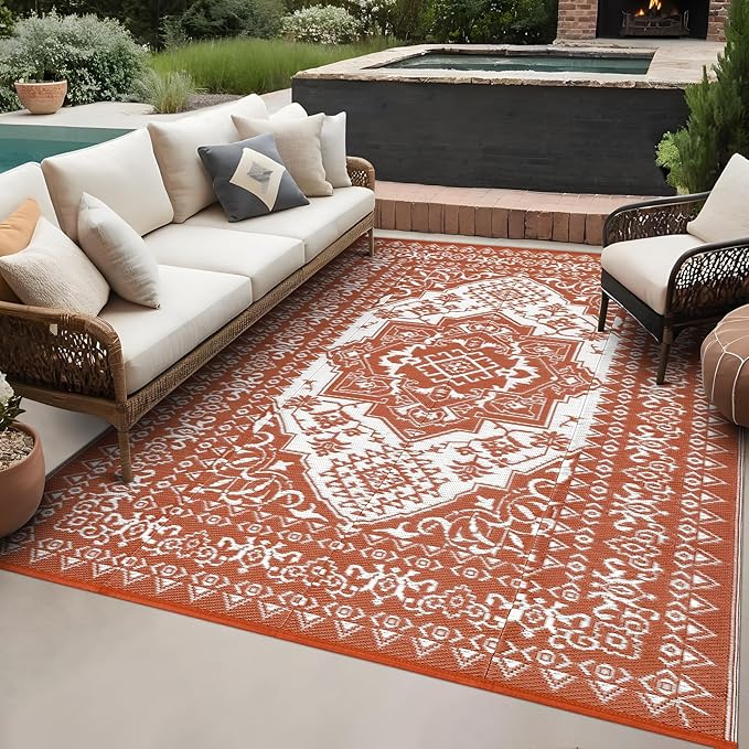 GAOMON Extra Large Outdoor Rug 10x20 Waterproof Plastic Straw Rug Reversible Vintage Patio Carpet, Portable Picnic Camping Mat with Bag & Stakes, Outside Carpet for Balcony Garden Yard, Orange Red