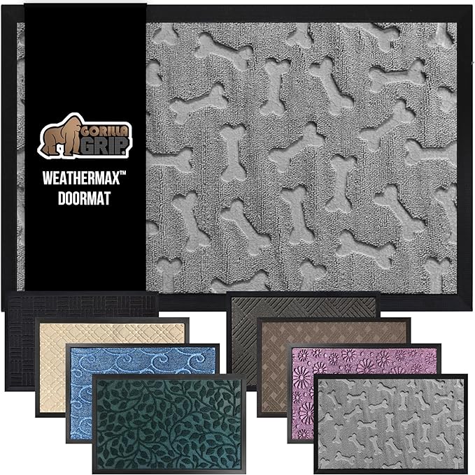 GORILLA GRIP 100% Waterproof All-Season WeatherMax Doormat, US Designed Natural Rubber, Stain and Fade Resistant, Low Profile Indoor Outdoor Door Mats, Easy Clean Patio Mat, 17x29, Light Gray Bones