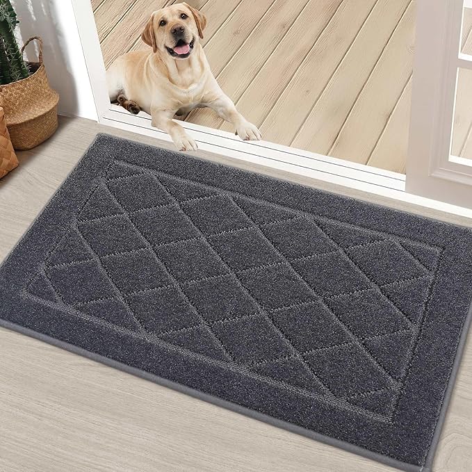 BEQHAUSE Dirt Trapper Door Mat 20" x 32", Doormat Non-Slip Entryway Rugs Washable, Dog Door Mat Stain Resistant and Absorbent Welcome Floor Mat for Front Back Door, Muddy Wet Shoes & Paws, Dark Grey