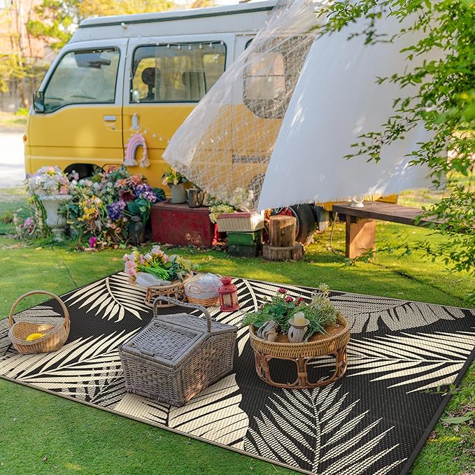 GENIMO Outdoor Rug 9' x 12' Waterproof for Patios Clearance, Reversible Outdoor Plastic Straw Camping Rug Carpet, Large Area Rugs Mats for RV, Camper, Deck, Balcony, Porch, Beach, Picnic, Black&Beige