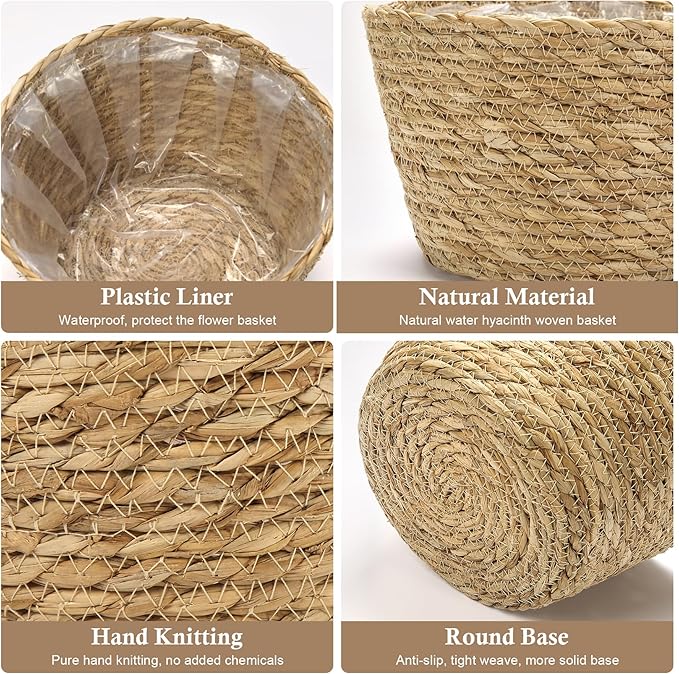 Athaliah Plant Basket Set of 3, Indoor Woven Planter Baskets with Plastic Liner, Water Hyacinth and Corn Husk Decorative Pots for Rustic Home & Floor Plant Decor (Natural Color-3)