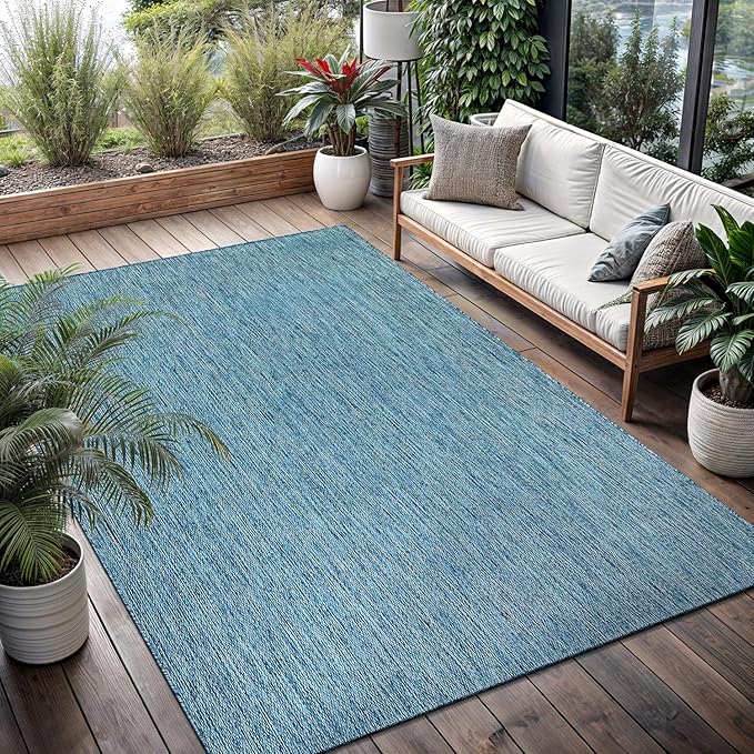 Washable Indoor Outdoor Rug 9x12 Weather Resistant Area Rugs Modern Solid for Porch Deck Balcony Backyard Patio Outside Carpet (9 X 12 Aqua Blue)