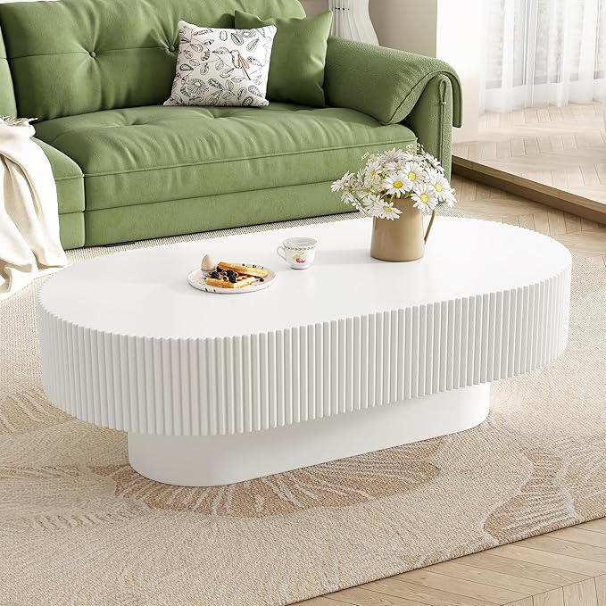 43.3" Oval Fluted Coffee Table Modern Elegant Drum End Table, Minimalist Center Table 7.8" Thick Tabletop with Sturdy Base for Living Room, Bedroom, Apartment,Easy Assembly, White