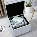 Adeco 17.5" Square Fabric Ottoman with Storage, Upholstered Cotton Linen Foot Rest, Flip Top Footstool, Small Cube Coffee Table Extra Seat for Living Room, Bedroom, Ice Blue with Rolling Legs