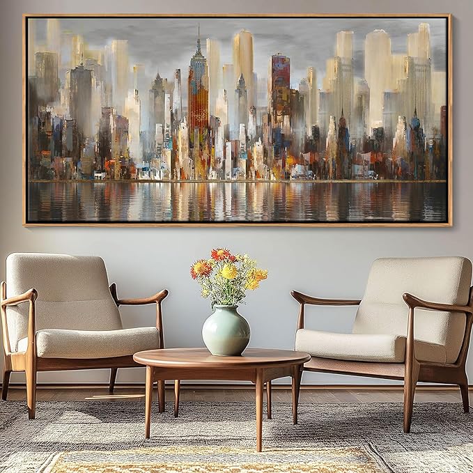 Mofutinpo Abstract Modern Canvas Wall Art for Living Room Cityscape New York Wall Decor City Theme Paintings Brown Framed Pictures Office Artwork Wall Decor Bedroom Above Bed