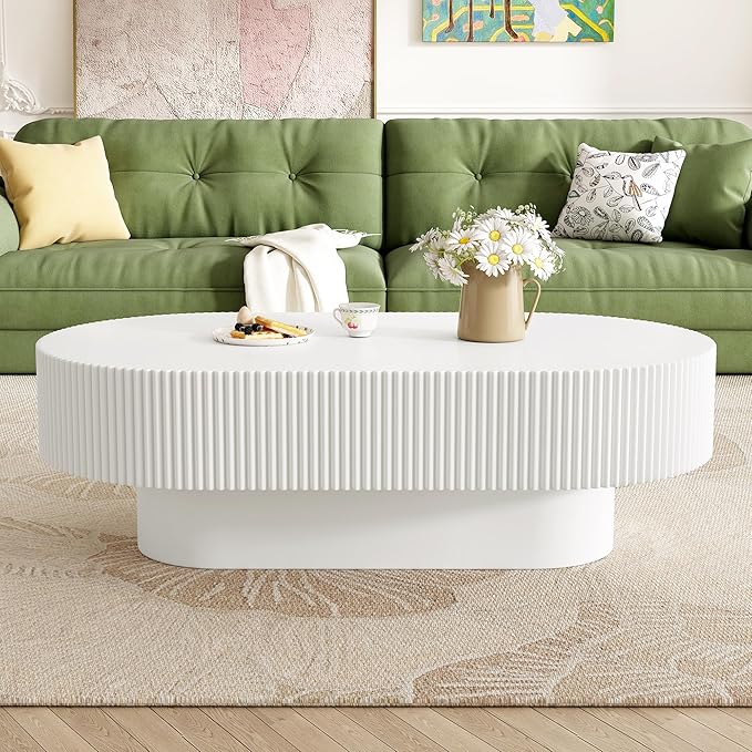 43.3" Oval Fluted Coffee Table Modern Elegant Drum End Table, Minimalist Center Table 7.8" Thick Tabletop with Sturdy Base for Living Room, Bedroom, Apartment,Easy Assembly, White