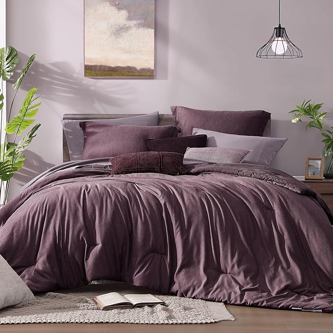 Monbix California King Comforter Set - 7 Pieces Cationic Dyeing Italian Plum Bed in a Bag Cal King Bed Sets with Comforter, Sheets, Pillowcases & Shams, Reversible Bedding Comforters Sets (108 * 92)