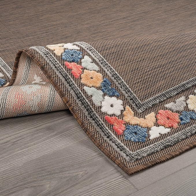 Beverly Rug Outdoor Runner Rug 2x7 Modern Floral Bordered Area Rugs for Indoor and Outdoor Patio Easy to Clean Non Shedding Living Room Porch Garden Washable Outside Carpet (2 x 7 Brown)